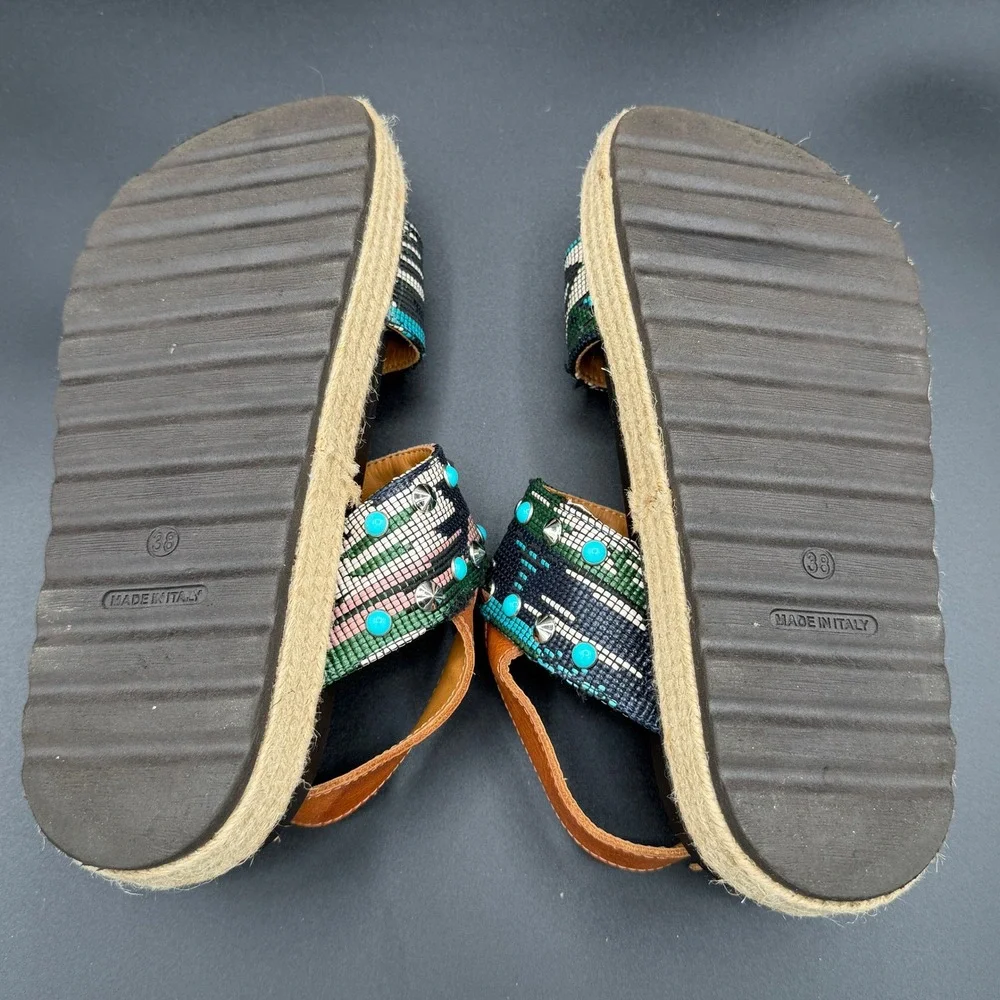 Stokton Italy Women 38 Woven Studded Turquoise Platform Espadrille Sandals